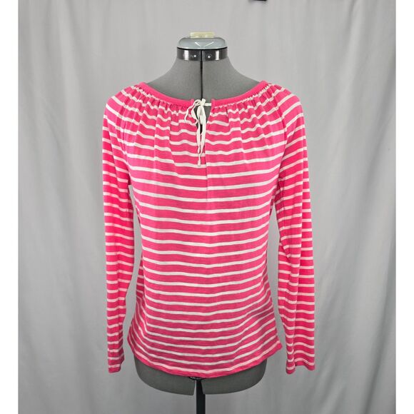 Women's Talbots Peasant Top Shirt Pink & White Stripe Long Sleeve Blouse Small - Picture 1 of 6